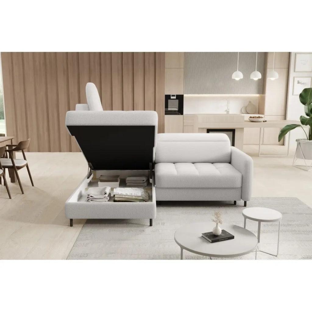 Divano angolare sinistro convertibile BARNEA 208 cm bianco con contenitore