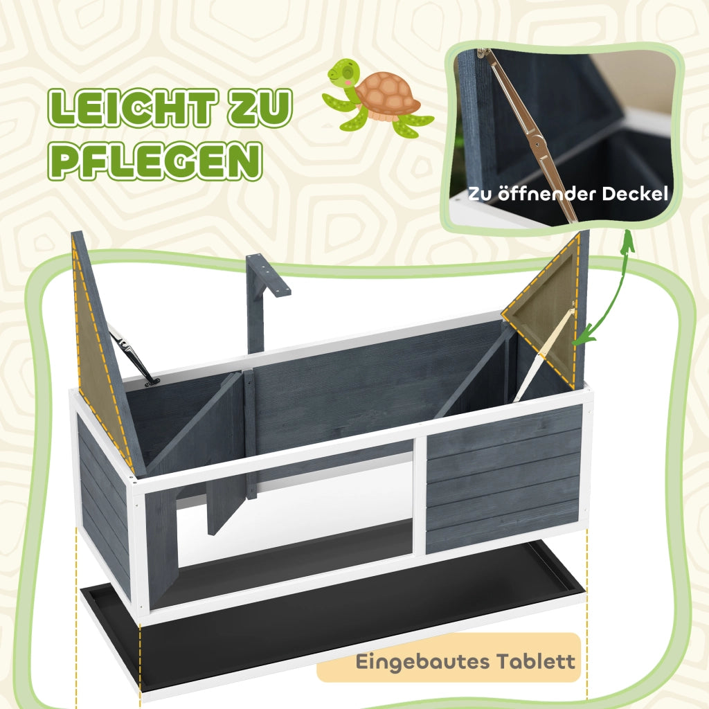 Casetta da giardino per tartarughe con due vani e area gioco centrale in legno di abete grigio 120 × 50 × 40 cm
