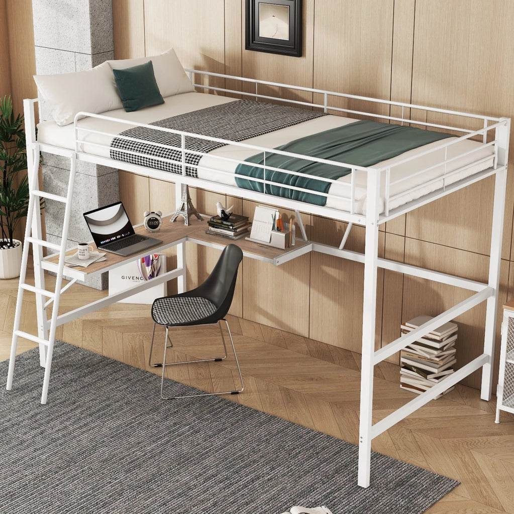 Letto a soppalco 90x200 cm con scrivania a L e scaffale bianco