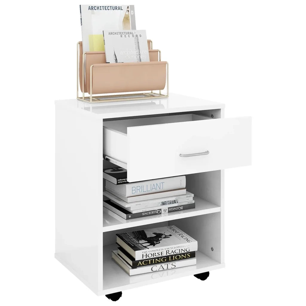 Mobiletto con Ruote Bianco Lucido 46x36x59 cm Legno Multistrato 808473