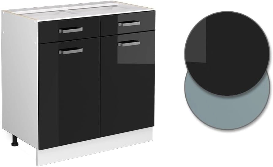 Mobiletto base per cucina R-Line, Nero lucido, 80 cm senza piano di lavoro, per la libera combinazione all'interno di sistemi cucina modulari