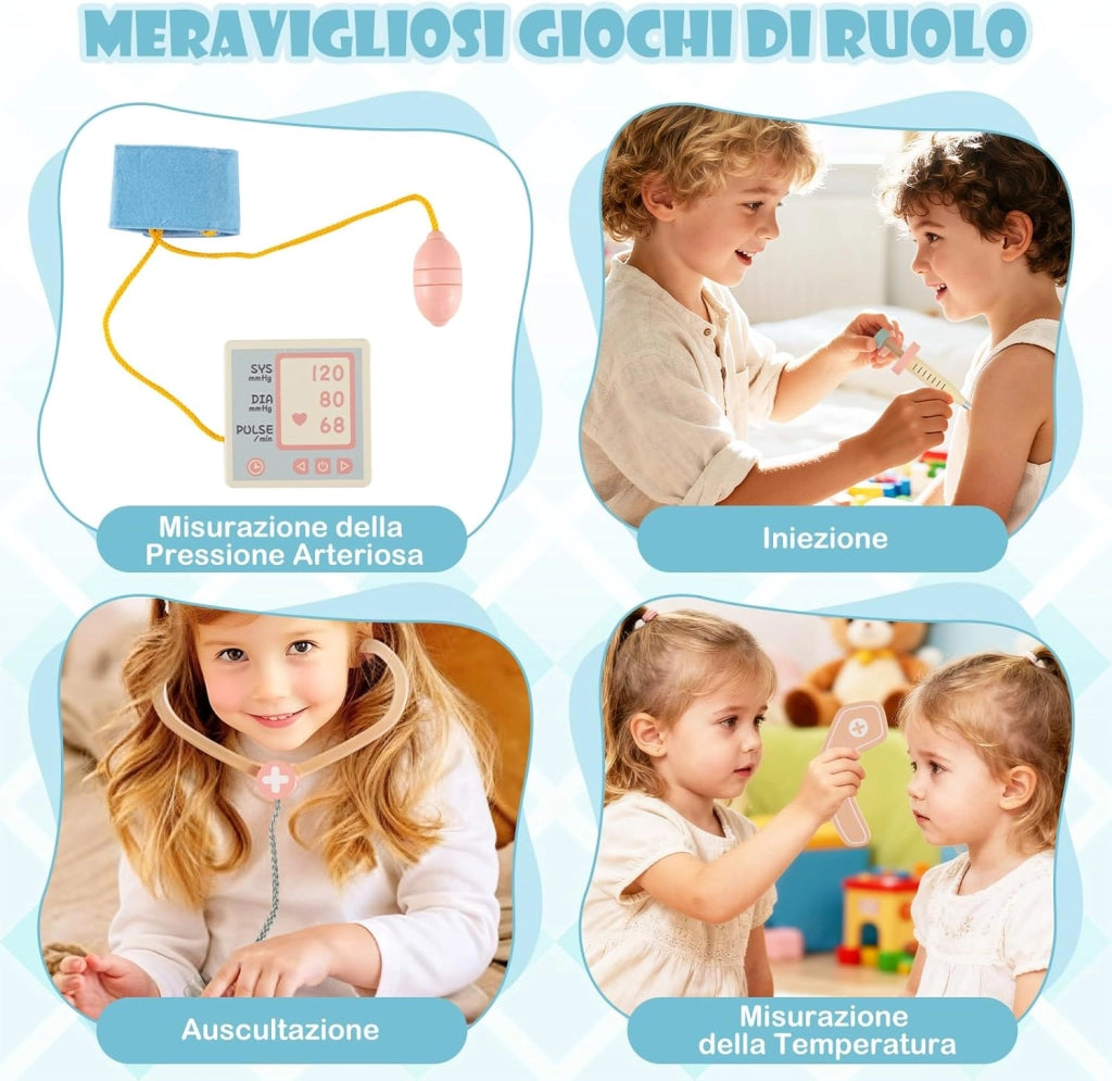 Set Gioco Dottore per Bambini, Medico Giocattolo in Legno con Tabella Oculistica, Macchinario CT e Radiografie, Gioco di Ruolo Medico Educativo con Accessori per Bambini 3+ Anni (Blu)