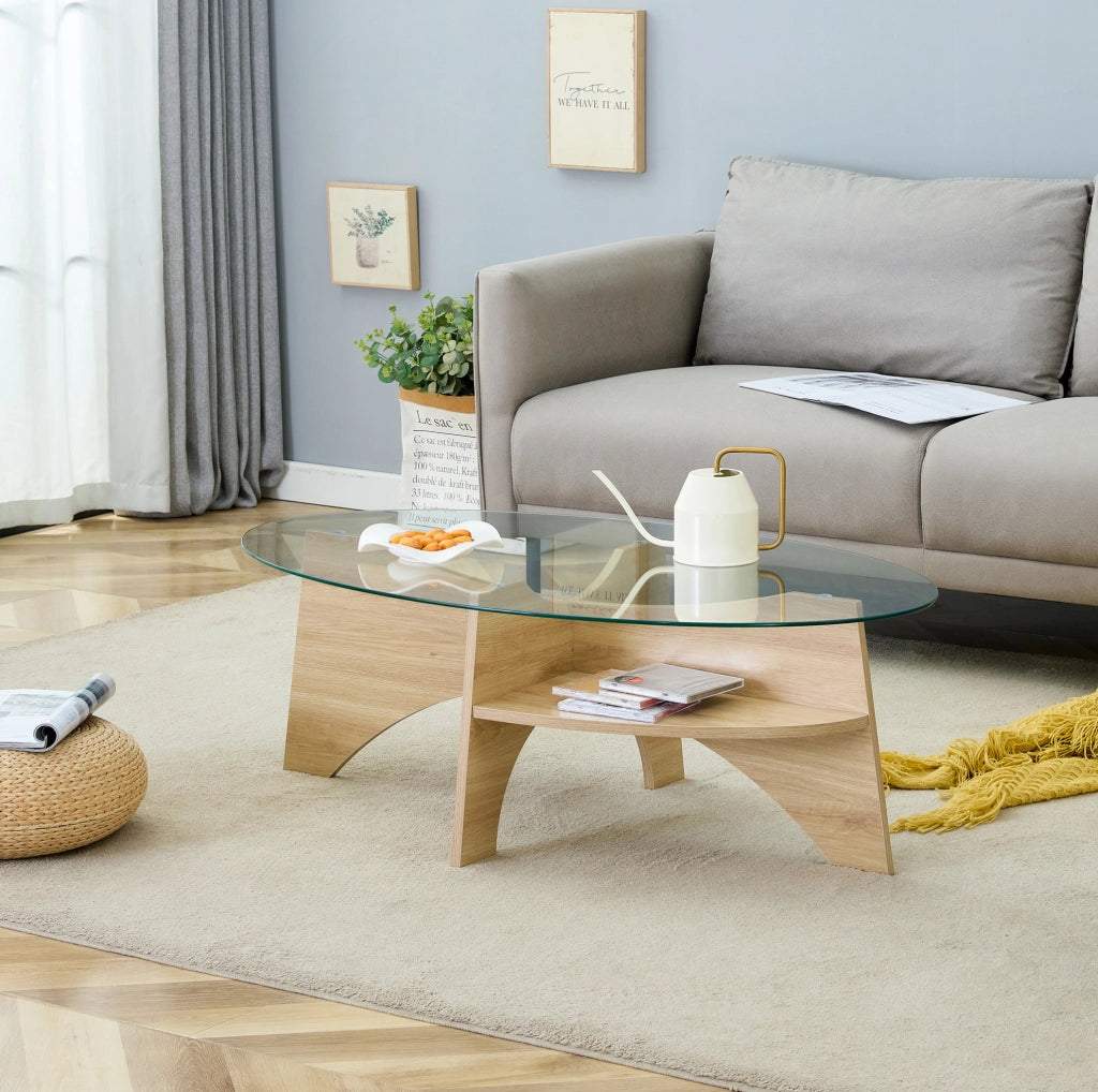 Tavolino da salotto in vetro di sicurezza con ripiano inferiore; MDF e vetro trasparente e legno