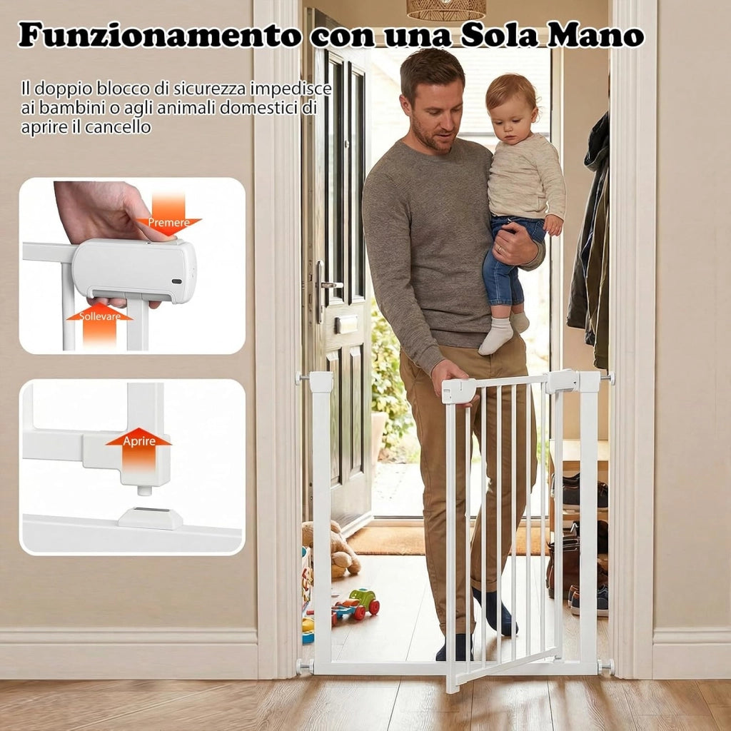 Cancelletto di Sicurezza per Bambini, con Sistema di Chiusura Automatica, Recinto Sicurezza Neonati Animali Domestici, per Porte 75-82 cm (Bianco)