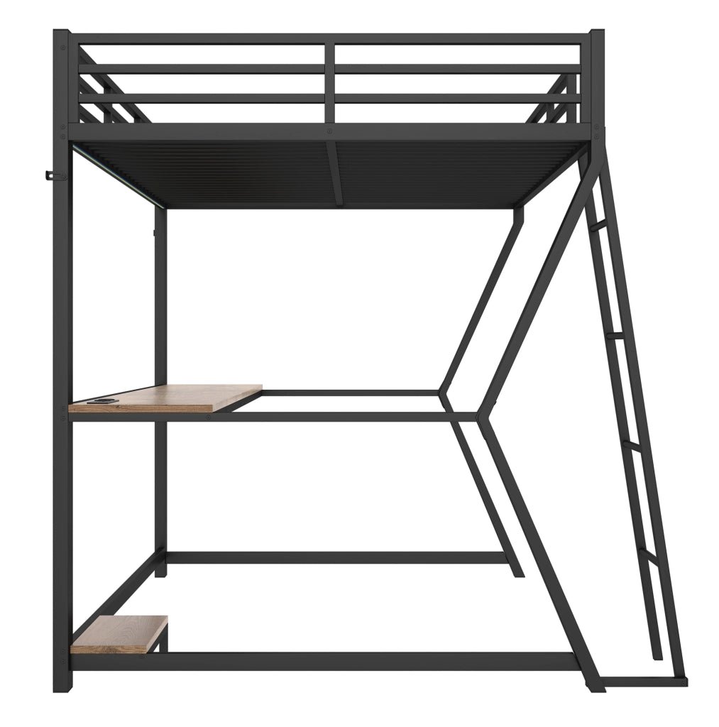 Letto a soppalco 140x200 cm con scrivania; LED e prese USB in metallo nero