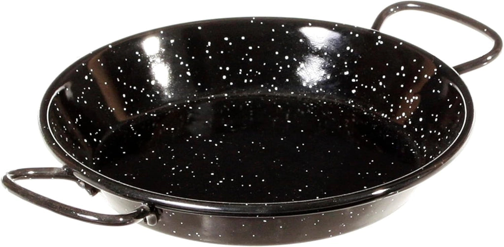 Padella per Spaghetti all'Assassina in Ferro Smaltato, Tegame Tradizionale Stile Paella, Nero con Puntini Bianchi, con Manici 15 cm
