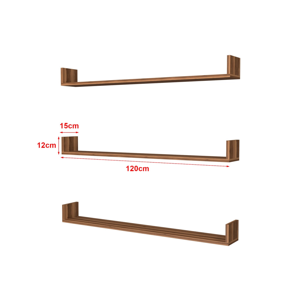 Set 'Höganäs' 3 Mensole da Muro - Consolli Pensili con Piano d'Appoggio a Forma di U - Largo 120 cm - Effetto Noce [en.casa]