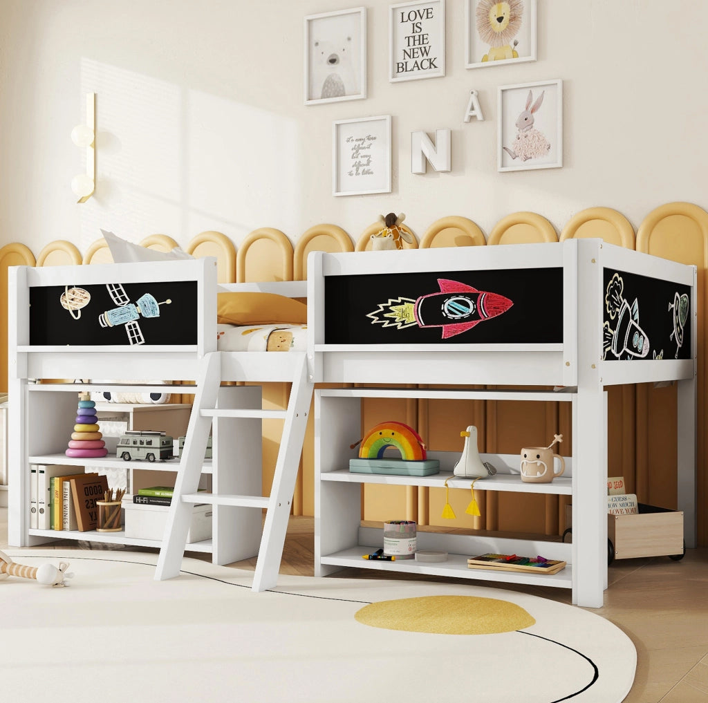 Letto semialto per bambini 90x200 cm con lavagna bianco