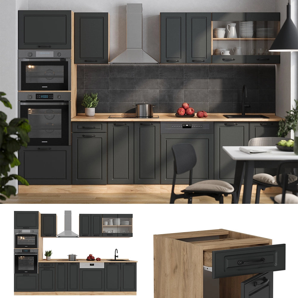 Vicco Cucina componibile Antracite casa di campagna/rovere dorato 300 cm con armadio alto, PL Rovere