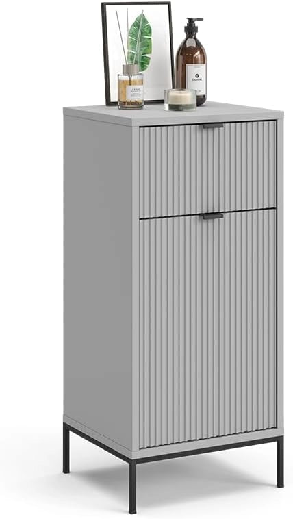 Mobiletto bagno Eliza, Grigio, 40 x 87 cm con anta e cassetto, per la conservazione in bagno o da abbinare a Eliza
