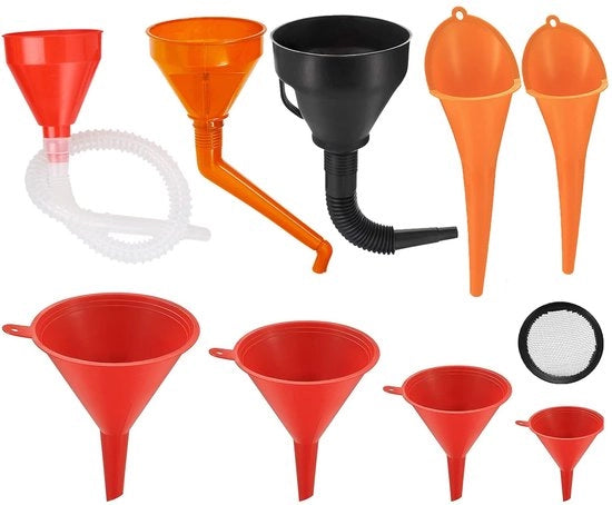 Set di 9 Hopper Rettilineo Flessibile con Filtro Plastico - Hopper Universale con Bocchetta Rimovibile e Vaschette Lunghe - Rosso/Arancione/Nero