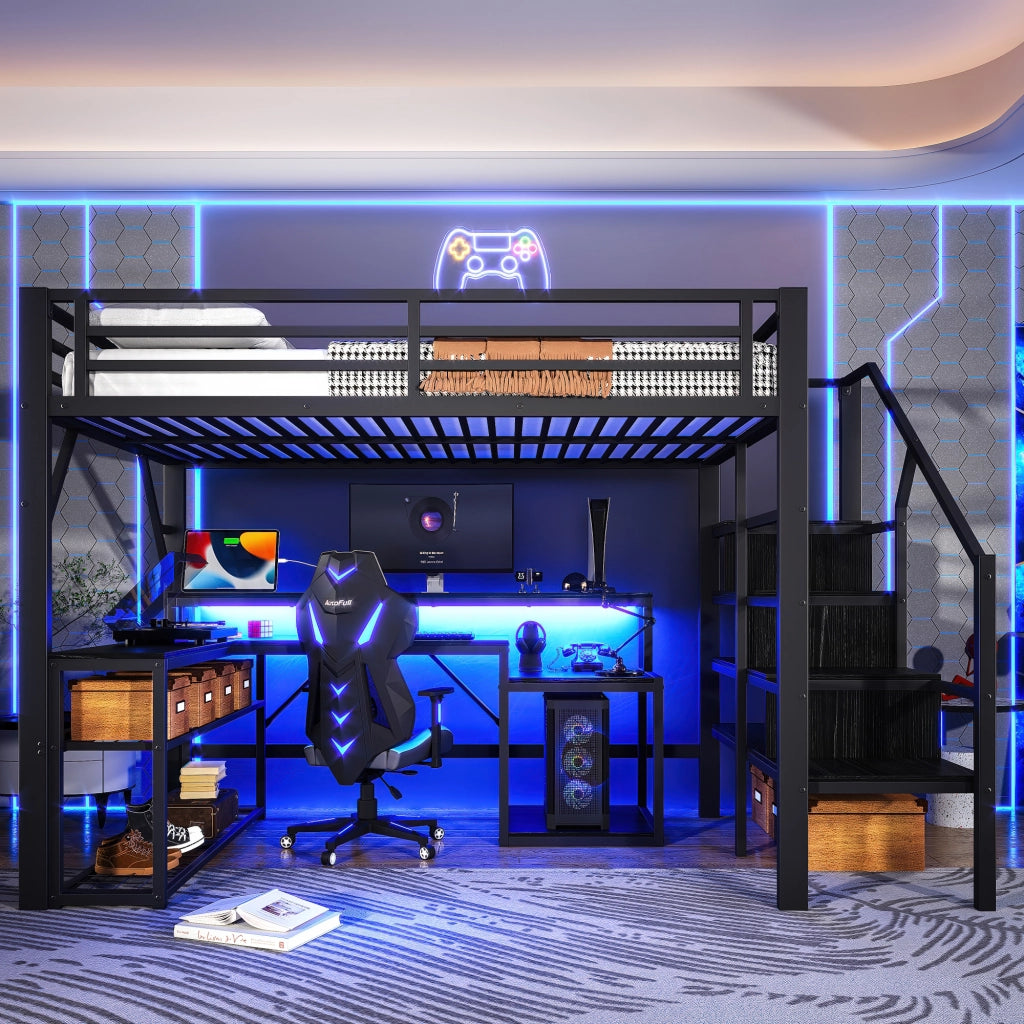 Letto a castello nero in metallo con funzione scrivania e illuminazione LED 140x200 cm