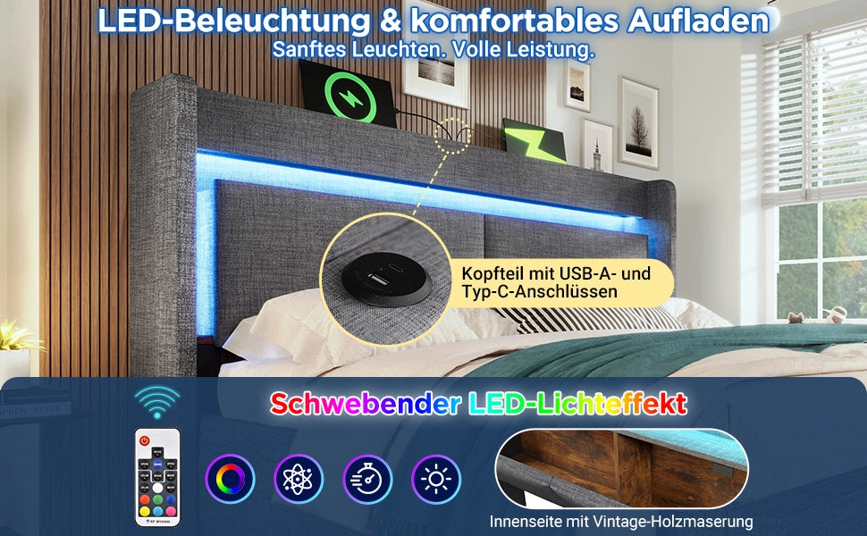 Letto Imbottito Contenitore 140x200 con LED, USB e Testiera ¨C MINIMAL ¨C Grigio, Tessuto, con Materasso