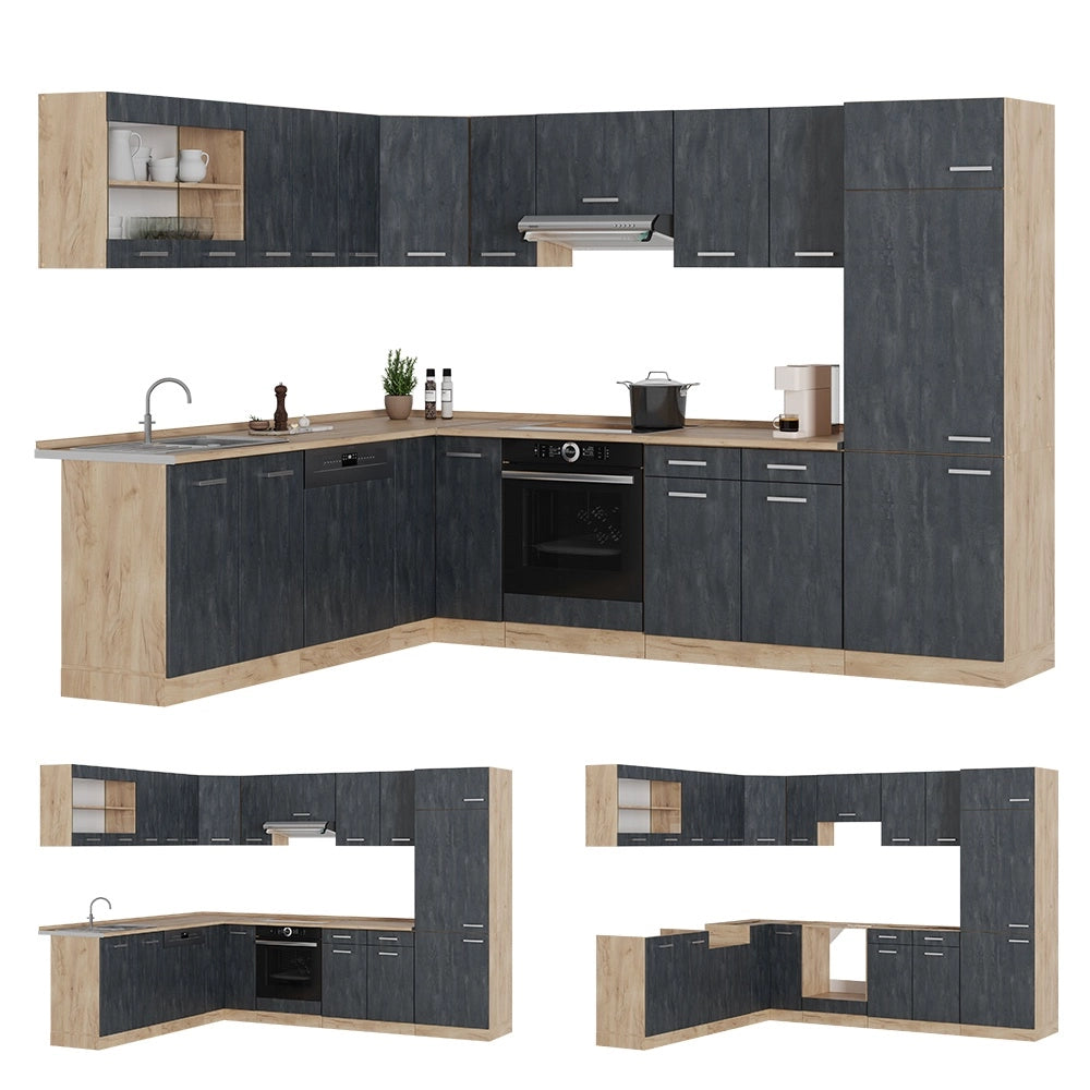 Cucina angolare completa R-Line Calce nera/Rovere dorato 287 x 227 cm PL Antracite Vicco