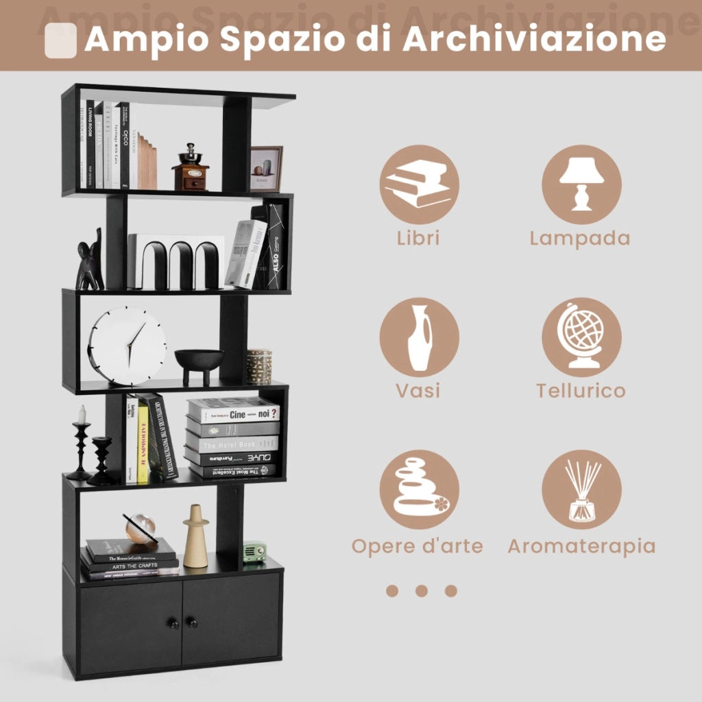 Libreria a forma di S a 5 livelli con ante, Scaffali decorativi in legno per il soggiorno l'ufficio Nero-Librerie