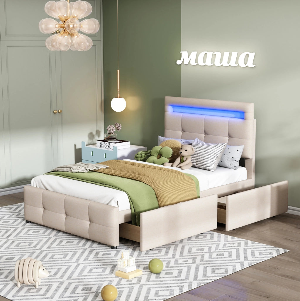 Letto imbottito 90x200 cm con LED; 2 cassetti; testiera regolabile; beige