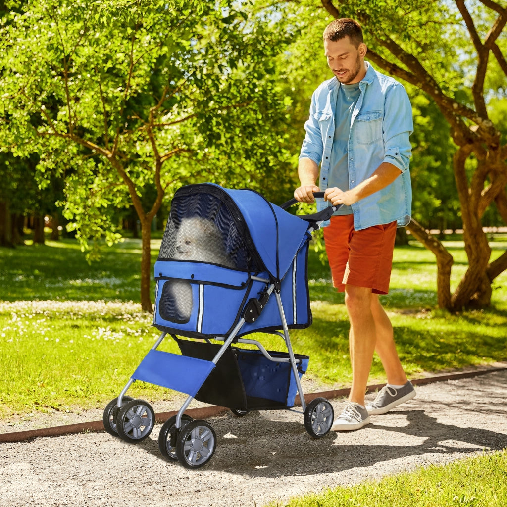Carrello pieghevole per animali a 2 ripiegamenti con accesso a zip, cestello e 2 portabicchieri in poliestere blu