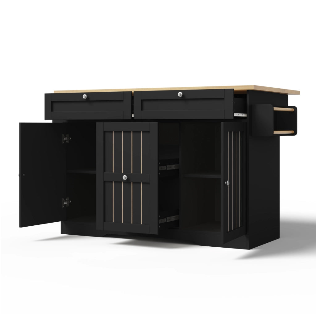 Isola cucina mobile con piano ribaltabile 120x45(70)x92 cm in MDF nero; con cassetti e ruote bloccabili