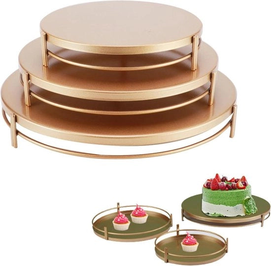 Set di tre supporti in acciaio rotondi per dolci - piatto di esposizione per caramelle - server per cibi per feste - matrimonio display art in acciaio per dessert - houder per decorazioni di festa (oro)