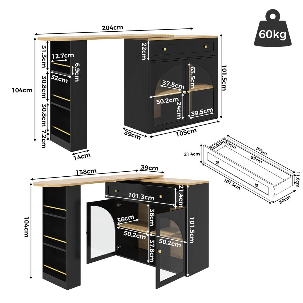 OKWISH Tavolo Alto Allungabile con Contenitore, 3 Ripiani Laterali e Rotazione a 360°, MDF, Nero, 138-204 x 39 x 104 cm