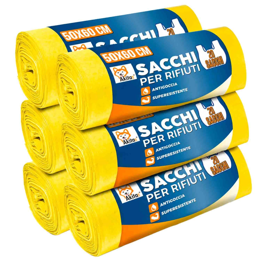 Akitaink 120 Sacchi Spazzatura 50x60 Gialli con Legacci