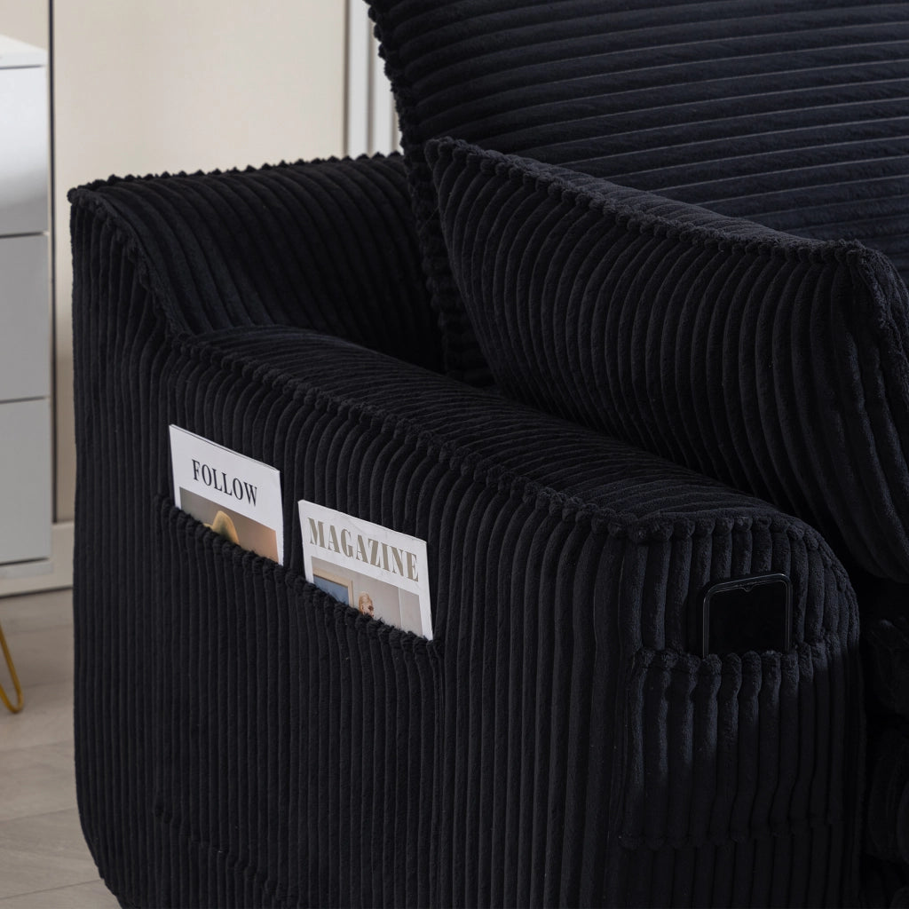 Divano componibile a 3 posti in corduroy nero con pouf, cuscini e tasche laterali, con schiuma a 3 strati e molle