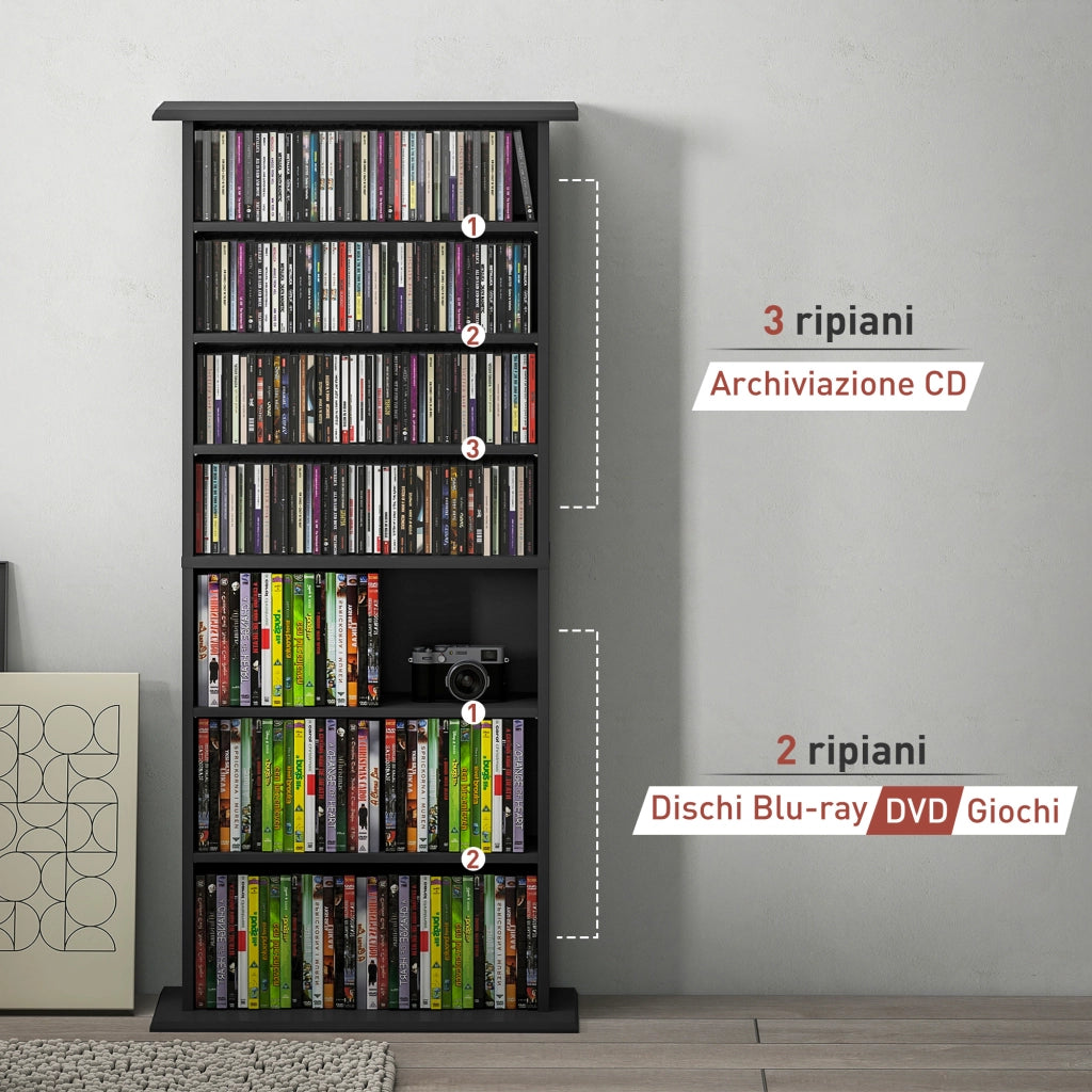 Scaffale per CD e DVD con 6 Ripiani Regolabili ¨C zephmum ¨C Nero 58x24x124.5 cm
