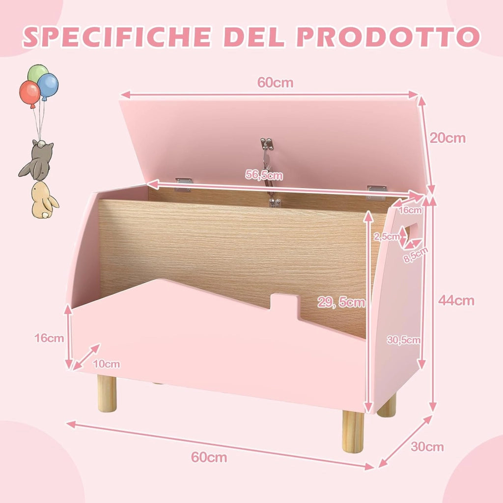 libreria Montessoriana 2-in-1 per Bambini in Legno, Scaffale Porta Libri e Giocattoli con Cassone, Coperchio Ammortizzato e Maniglie, Ideale per Cameretta e Nido, 60 x 30 x 44 cm (Rosa)