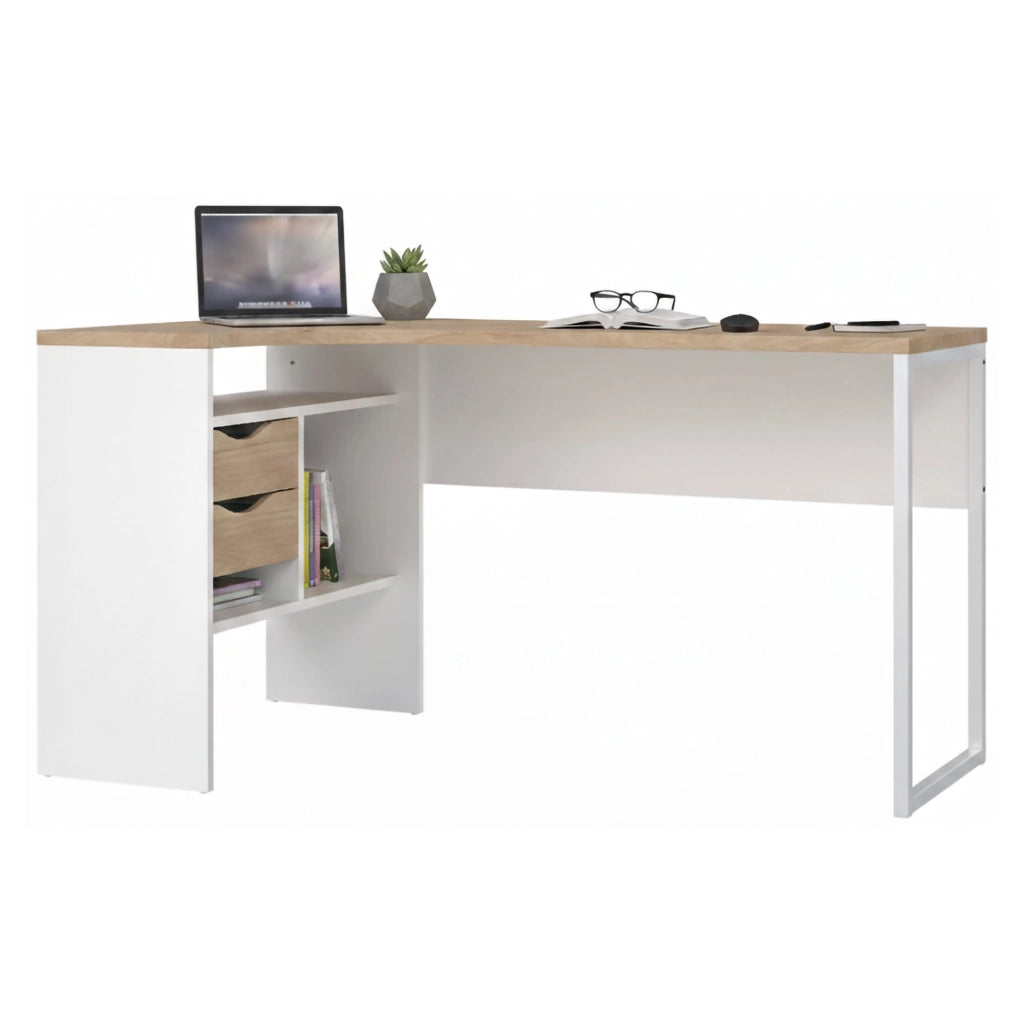 Scrivania Moire, Scrittoio multiuso, Tavolo per ufficio porta PC, Piano di lavoro, 145x81 h77 cm, Bianco e Rovere