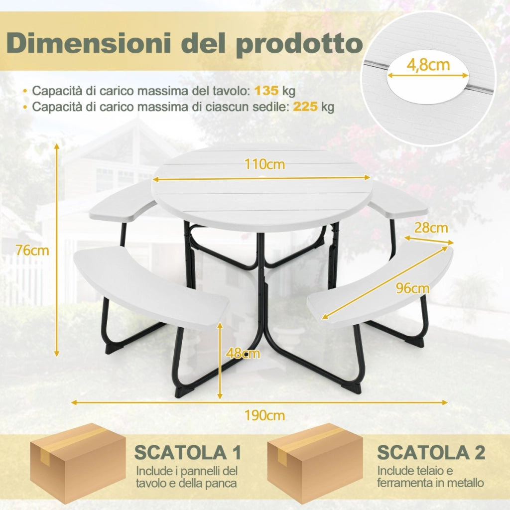 Set tavolo da picnic per 8 persone con 4 panche e foro per ombrellone, Tavolo da picnic circolare portata 225kg Bianco