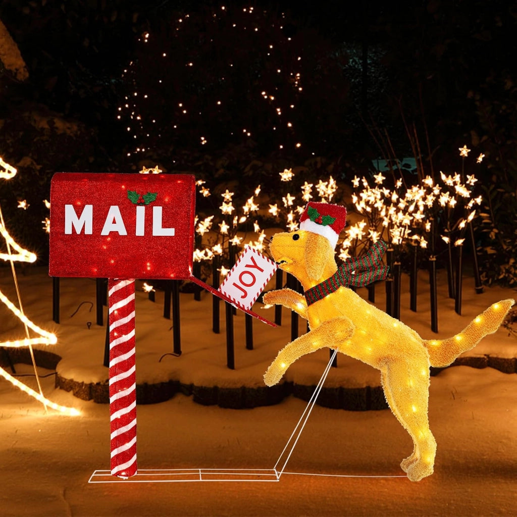 Decorazione natalizia, cassetta delle lettere con cane di Natale, 120 luci LED bianco caldo, telaio in metallo, picchetti, decorazione natalizia per interni ed esterni per giardino, soggiorno
