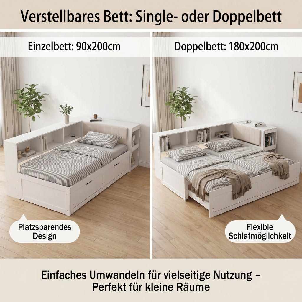 Letto combinato 90 × 200 cm estensibile con scrivania, presa elettrica EU, 2 cassetti, senza materasso, bianco