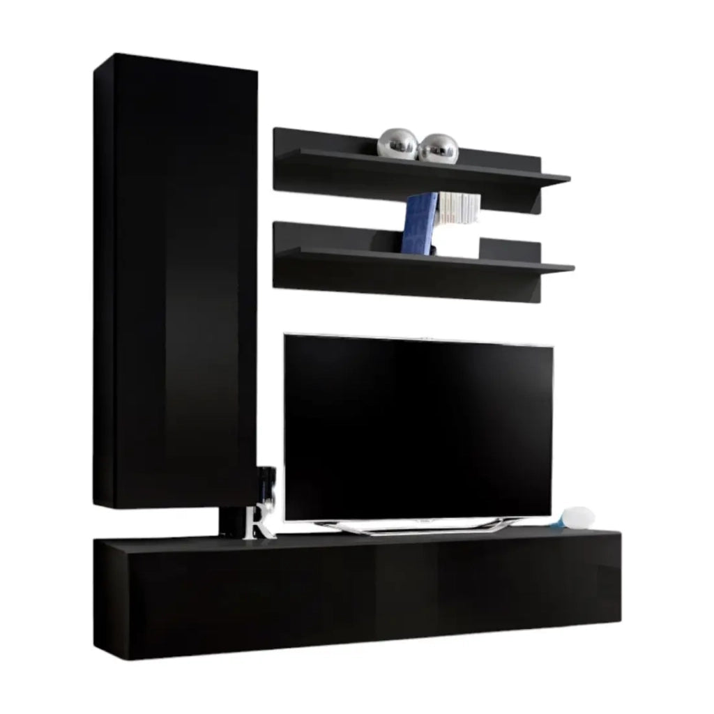 Mobile TV FLY H1 design, colore nero lucido. Mobile sospeso moderno e alla moda per il tuo soggiorno.
