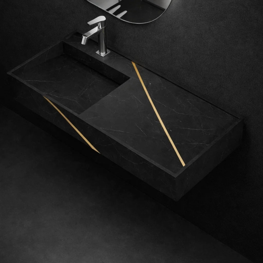 Lavabo consolle sospeso astrid artificial stone nero e nocciola venato elegante moderno *** finitura- nero, confezione 1