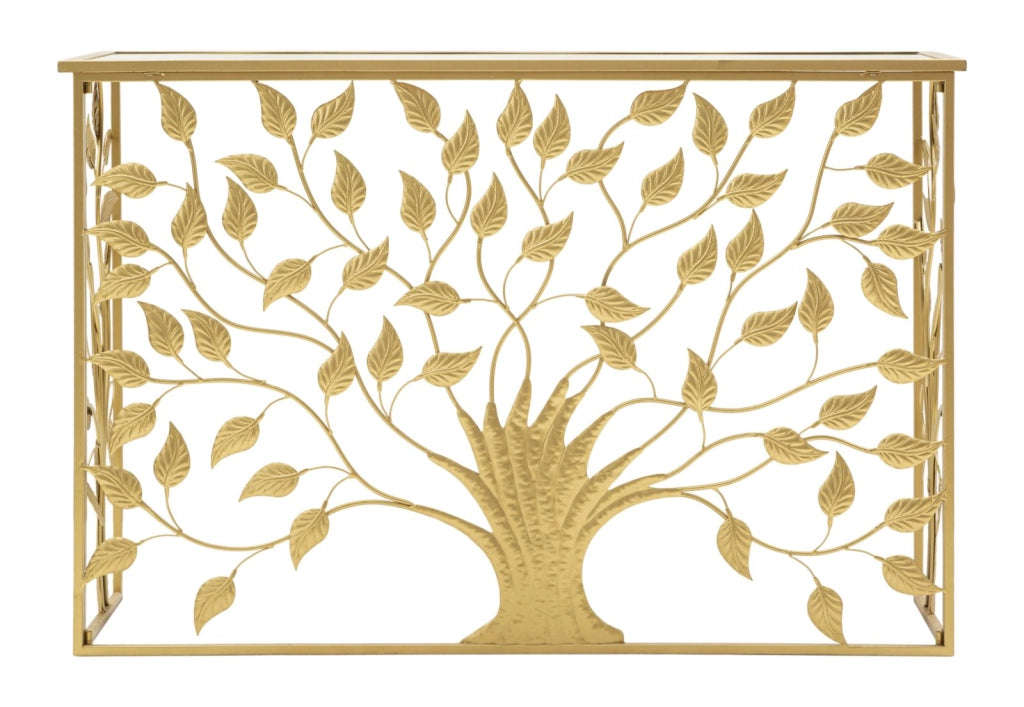 Console Elegante in Metallo Dorato con Piano in Vetro Specchiato 120x40x80 cm