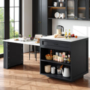 Tavolo Bar Estensibile con Ripiani e Cassetti, Cucina Isola da 133 a 202 cm, MDF Nero, Per 2-6 Persone