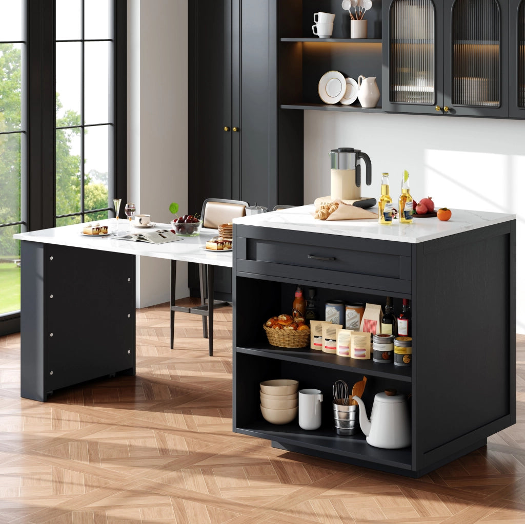 Tavolo Bar Estensibile con Ripiani e Cassetti, Cucina Isola da 133 a 202 cm, MDF Nero, Per 2-6 Persone