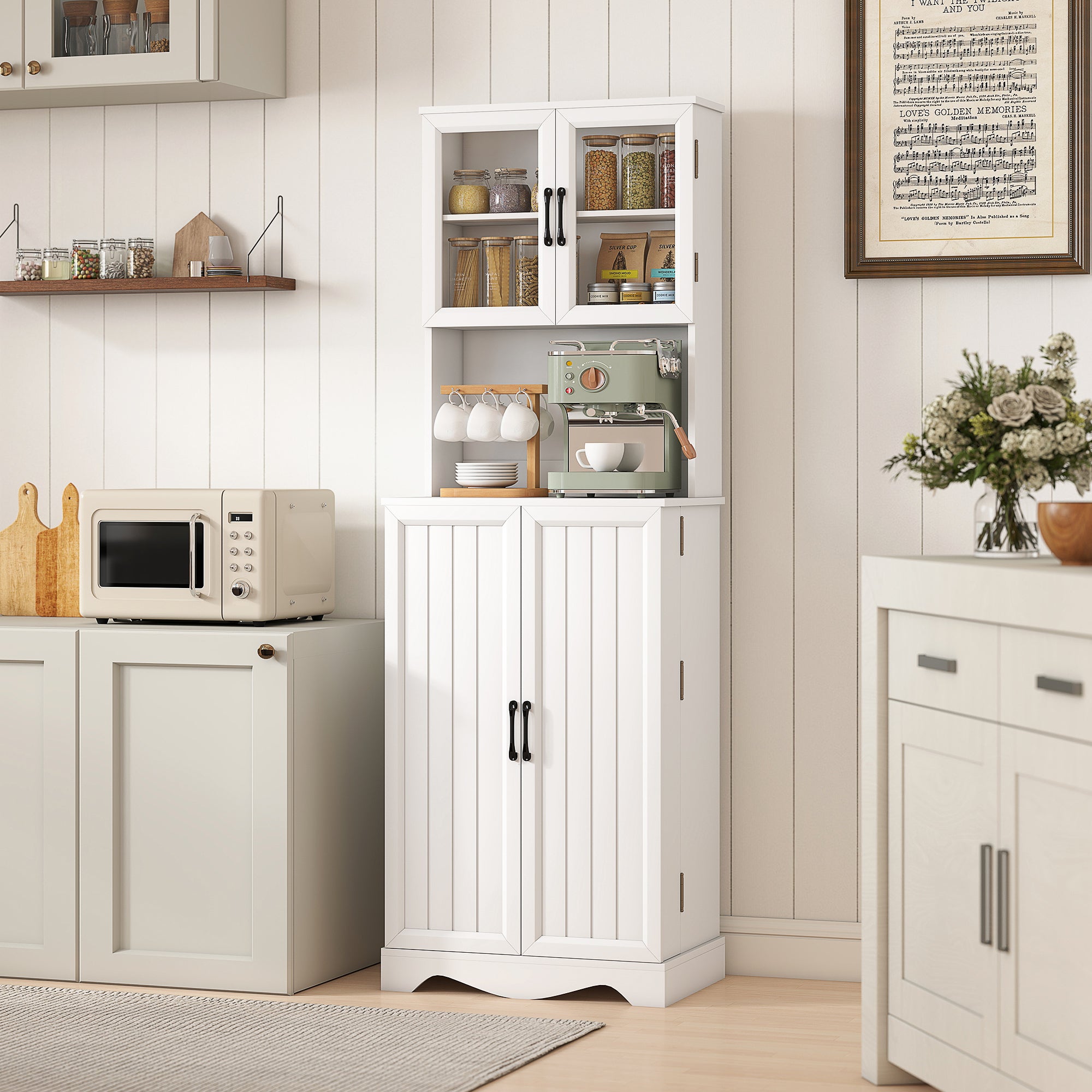 Mobile Dispensa Cucina 60x39,5x179,6 cm con 2 Armadietti e 8 Ripiani in Legno e Acrilico Bianco