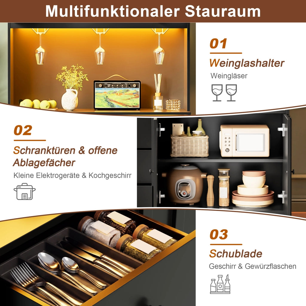 Credenza alta con vetrina, prese USB e RGB LED, per cucina e sala da pranzo, in MDF nero, 100 × 40 × 180 cm