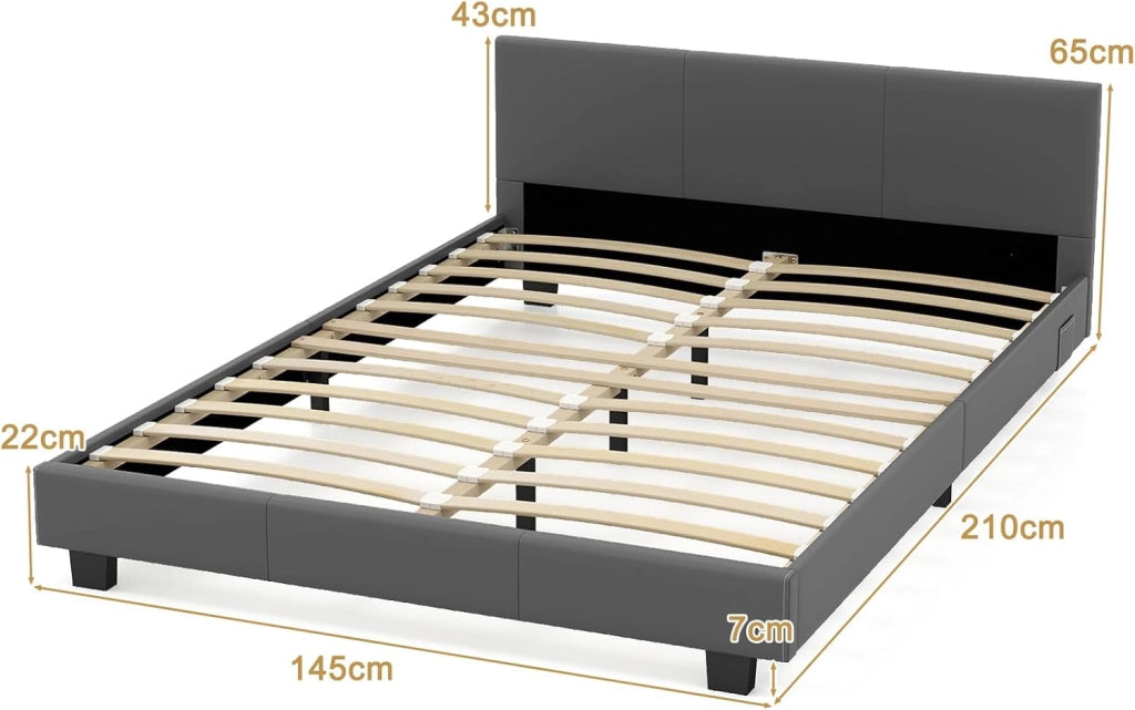 Letto imbottito 140 x 200 cm, struttura letto con illuminazione LED regolabile 16 colori, letto matrimoniale con testiera imbottita e doghe in legno, telaio del letto con rivestimento in