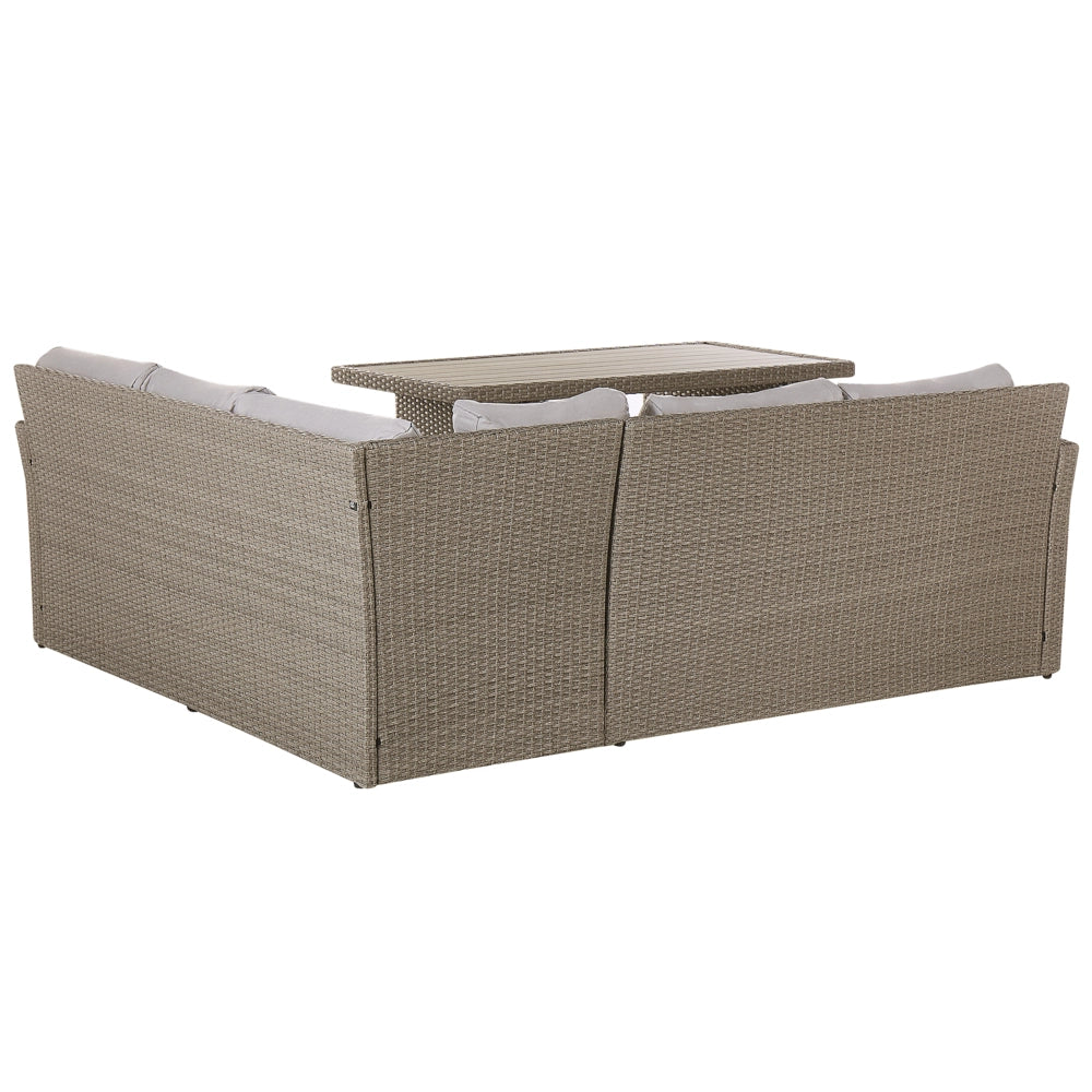 Divano ad angolo da giardino Set grigio Rattan Sintetico Taupe Cuscini Divano a 5 posti Tavolo 2 ottomani Set da pranzo all'aperto