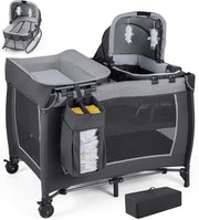 Culla Campeggio Bambini 5 in 1, Lettino Viaggio Neonati Pieghevole con Materasso, Fasciatoio e Tettoia, Box Portatile con Ruote, 2 Giocattoli Appesi e Carillon, per Bambini 0-3 Anni (Grigio)