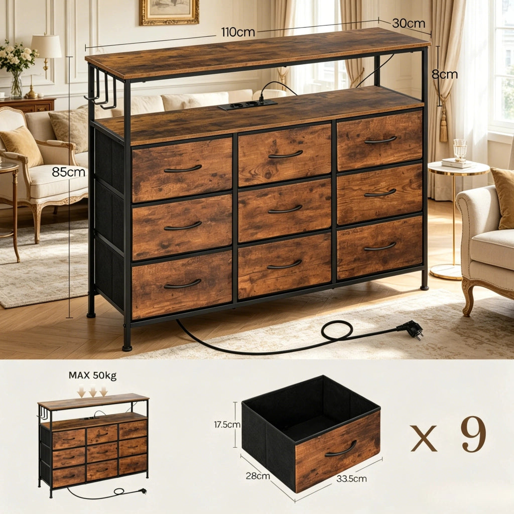 Cassettiera con 9 cassetti; 2 ripiani; LED e presa multipla; 110 x 85 x 30 cm; marrone rustico e nero