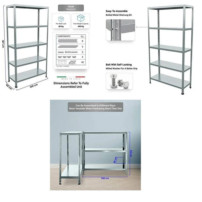 Scaffale in Metallo 5 Ripiani 100x40x187 cm Ettore Zincato