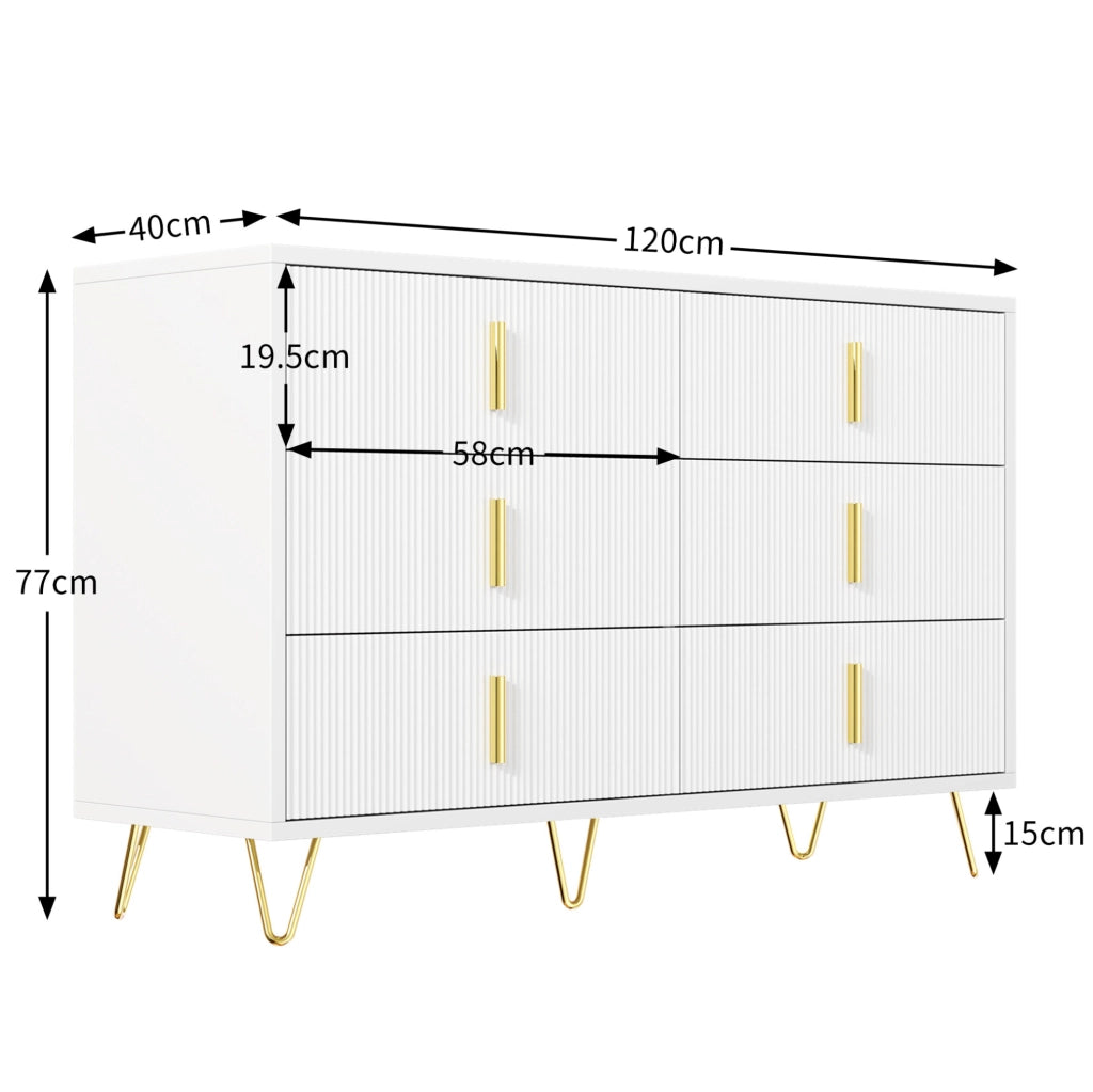 Credenza sideboard moderna 120 x 77 x 40 cm con 6 cassetti; bianco e oro in truciolare