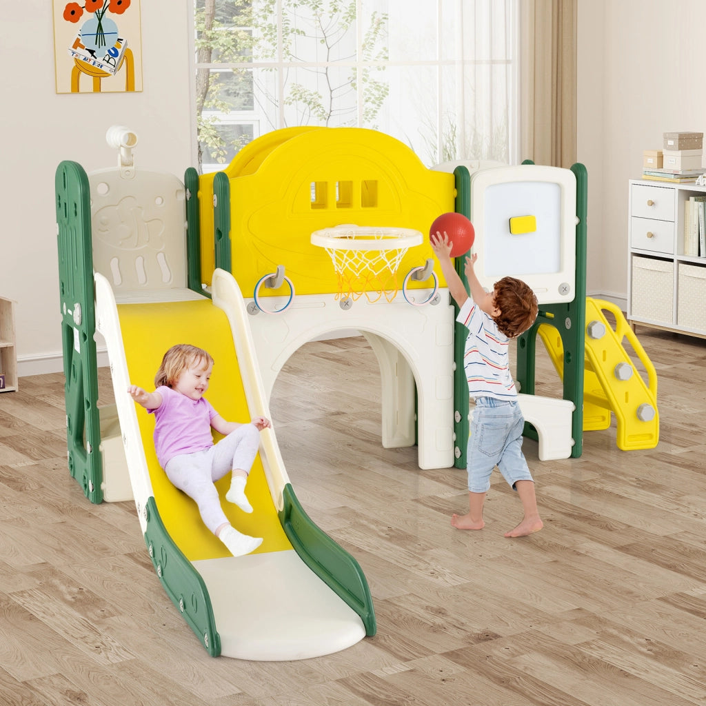 Set scivolo bambini 10 in 1 arrampicata lavagna magnetica telescopio lancio anelli, Scivolo canestro basket tunnel strisciare corridoio lungo spazio stoccaggio