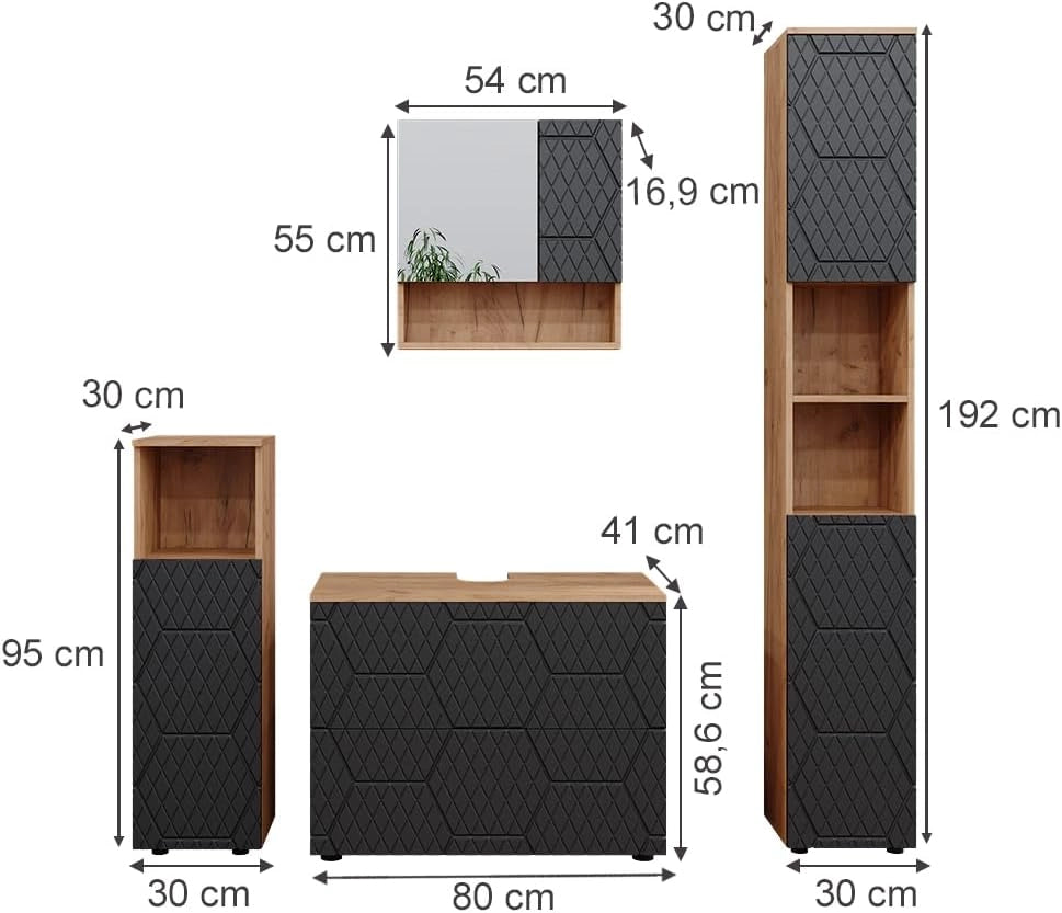 set mobili bagno Irma, Quercia dorata/Antracite, 4 pezzi, con cassettiera e colonna