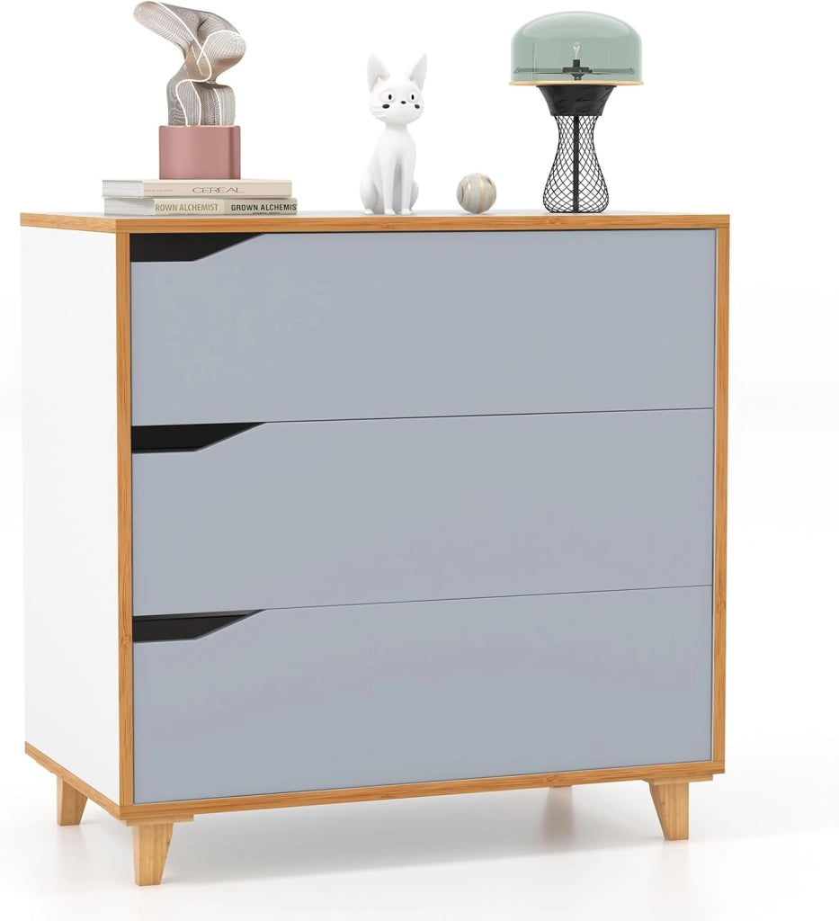 Cassettiera in legno con 3 cassetti, cassettiera autoportante, con chiusura antiribaltamento, moderno armadietto con gambe in legno massiccio, comodino, 75 x 42 x 75 cm