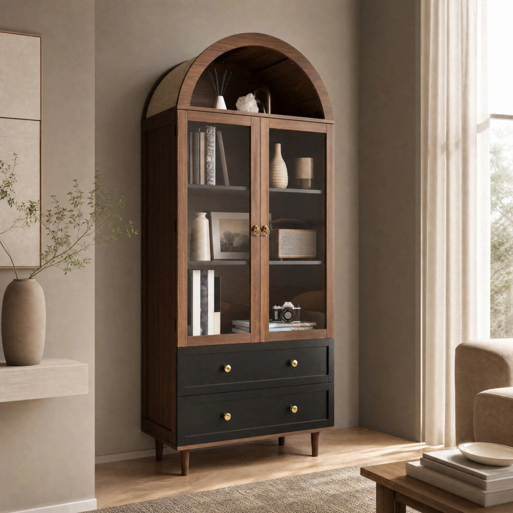 Credenza moderna con ripiani regolabili e vetro rigato; 70x38x165 cm; noce