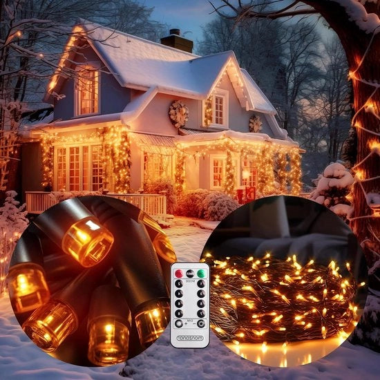 Cavo di illuminazione LED con 200 LED, controllo remoto e timer, 8 modalità, regolabile, IP44, illuminazione di Natale in tono caldo bianco